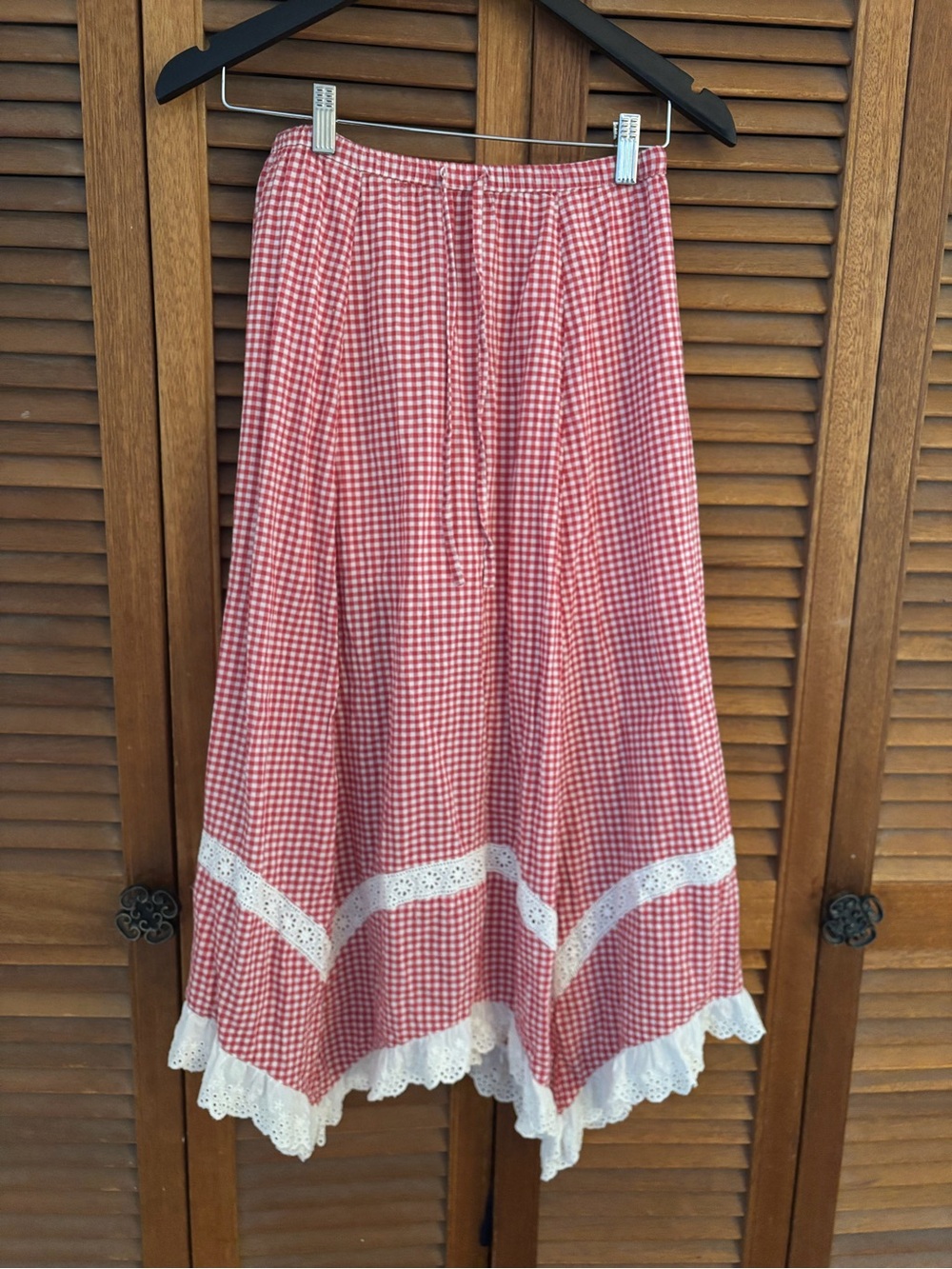twik Red Gingham A-Line Midi Skirt with White Lace Trim size XS